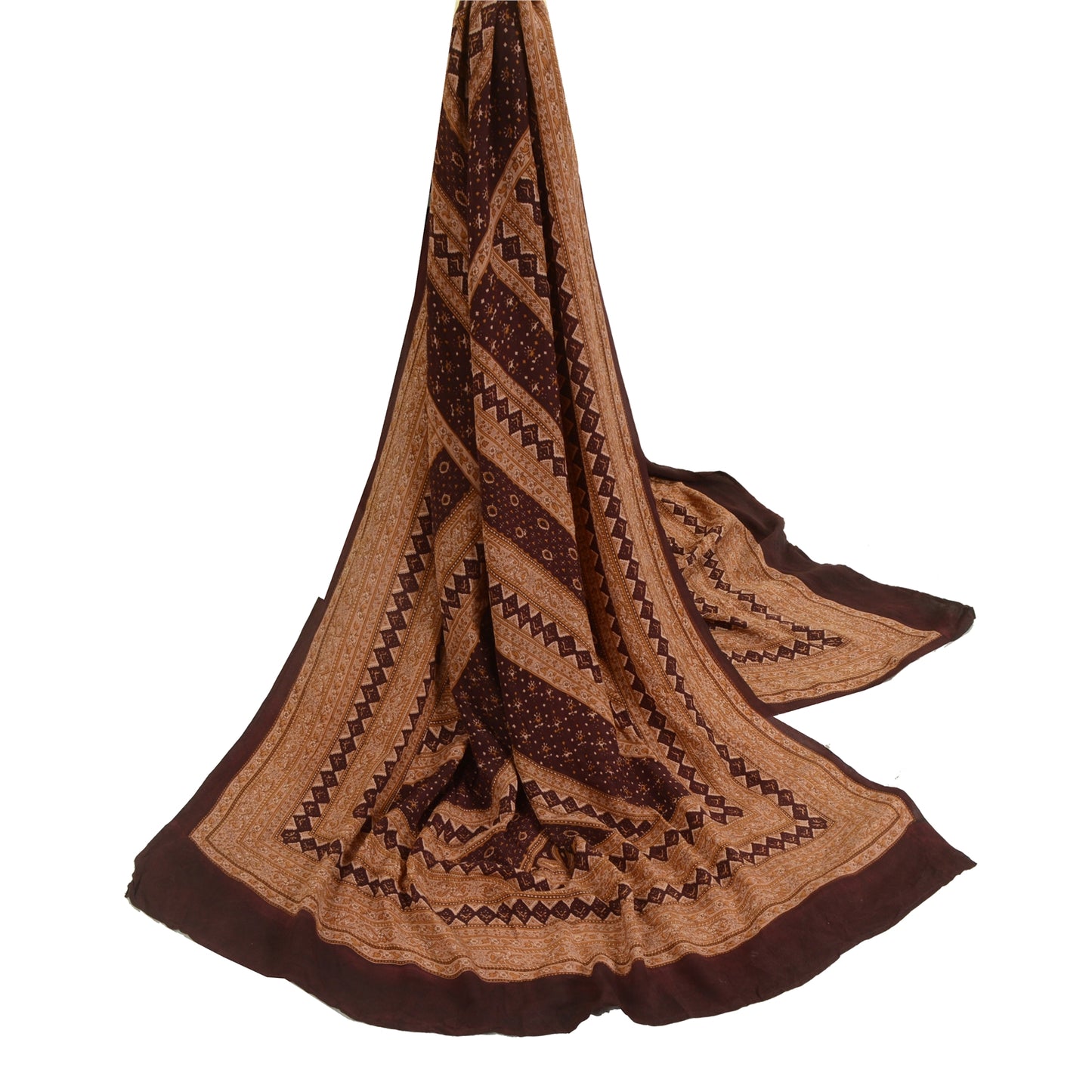 Санскрити Винтаж Коричневый Длинный Дупатта/Палантин Чистый Шелковый Креп Печатный Накидка Фата
