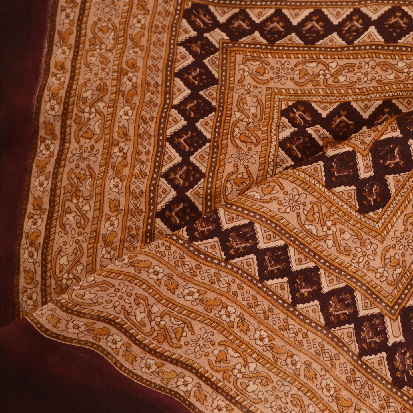 Санскрити Винтаж Коричневый Длинный Дупатта/Палантин Чистый Шелковый Креп Печатный Накидка Фата