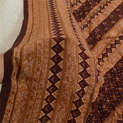 Санскрити Винтаж Коричневый Длинный Дупатта/Палантин Чистый Шелковый Креп Печатный Накидка Фата