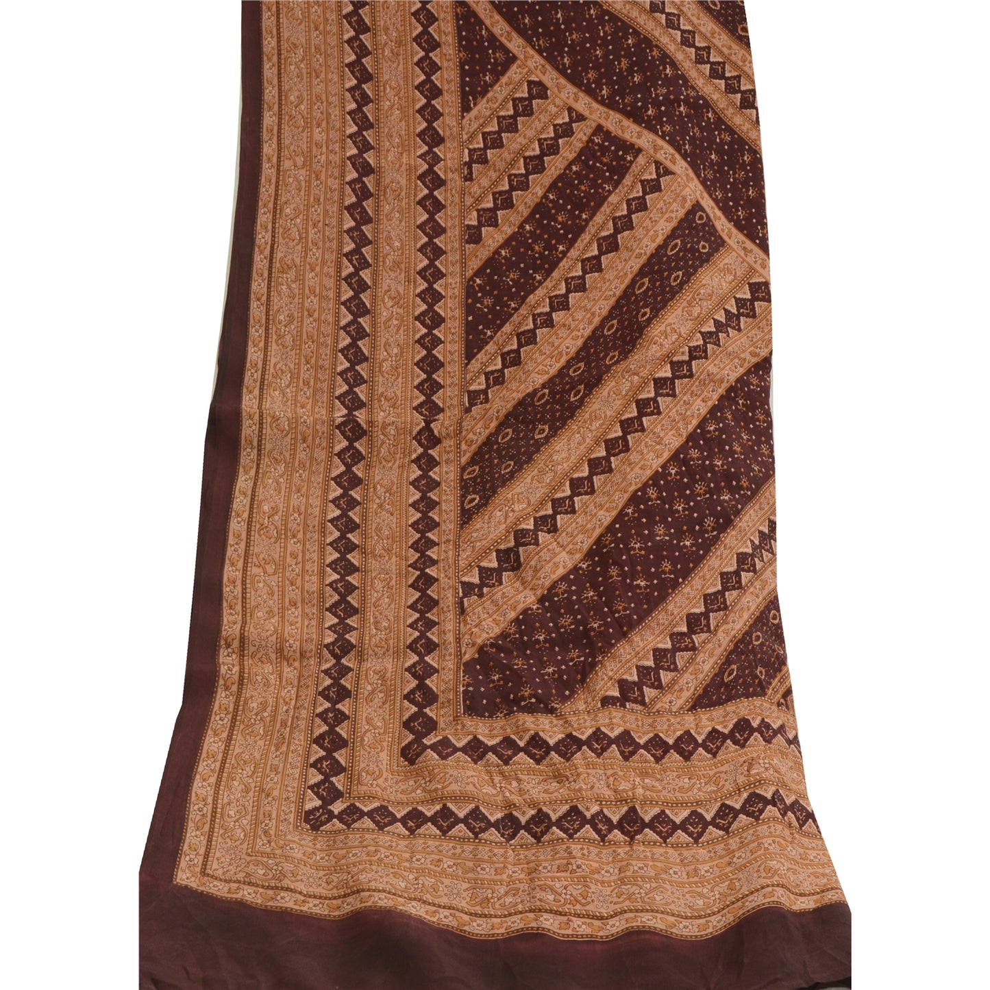 Санскрити Винтаж Коричневый Длинный Дупатта/Палантин Чистый Шелковый Креп Печатный Накидка Фата