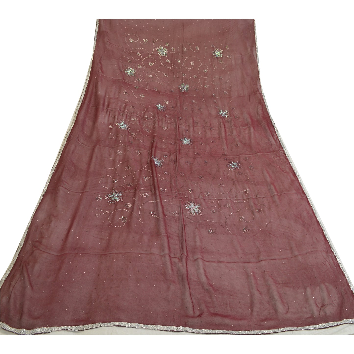 Санскрити Винтаж темно-красный длинный дупатта/палантин из чистого шелка-жоржета ручной работы