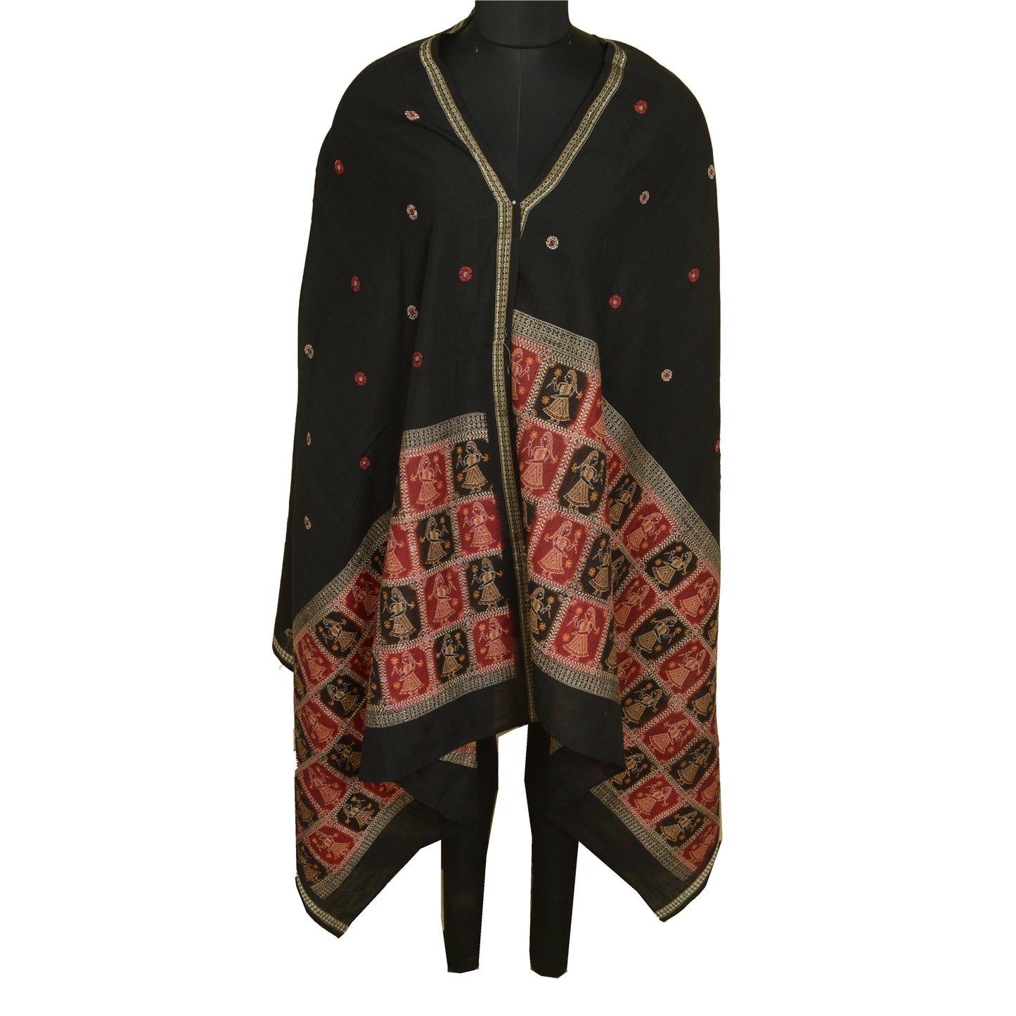 Sanskriti Vintage Black Blend Cotton Dupatta Long Stole Woven Baluchari Scarves