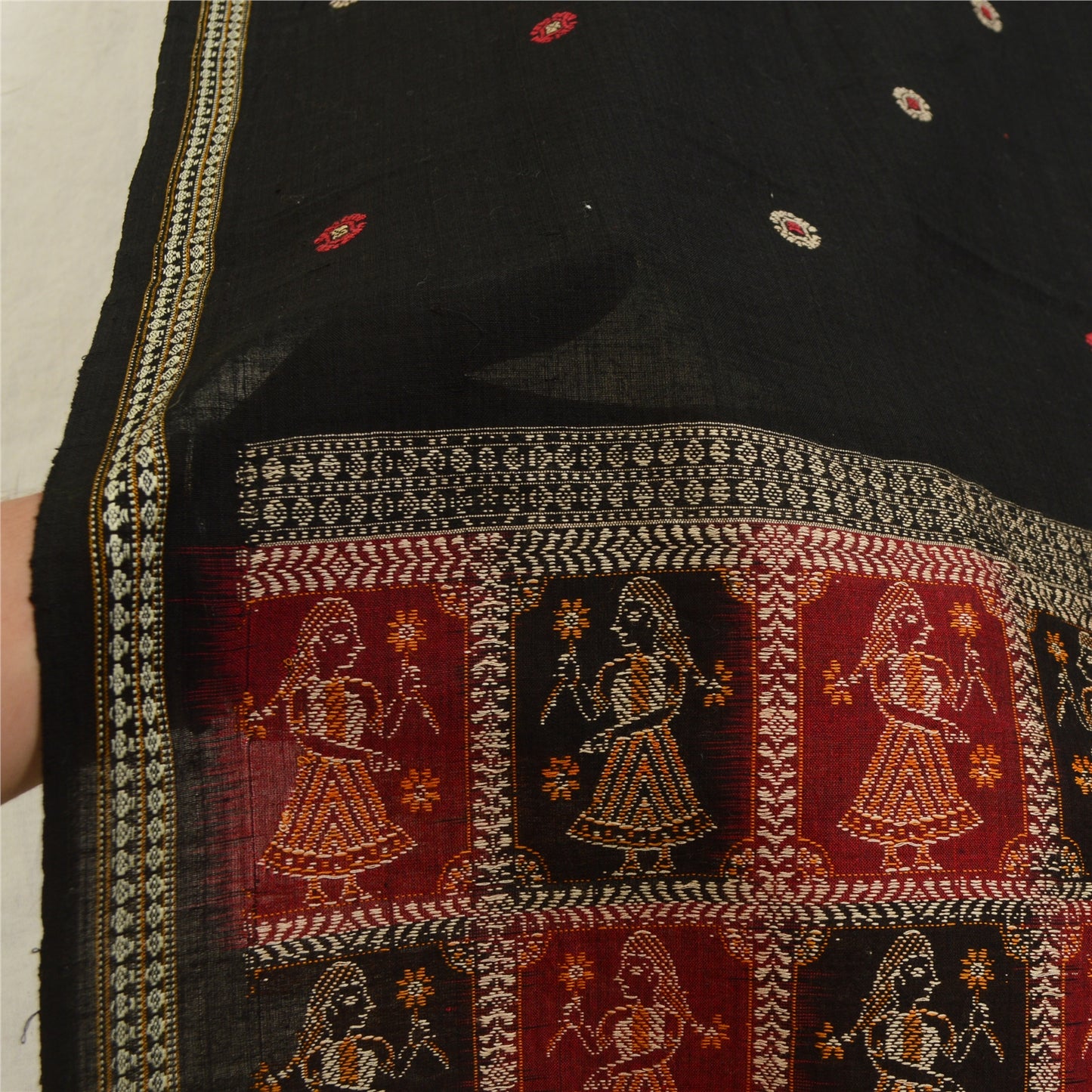 Sanskriti Vintage Black Blend Cotton Dupatta Long Stole Woven Baluchari Scarves