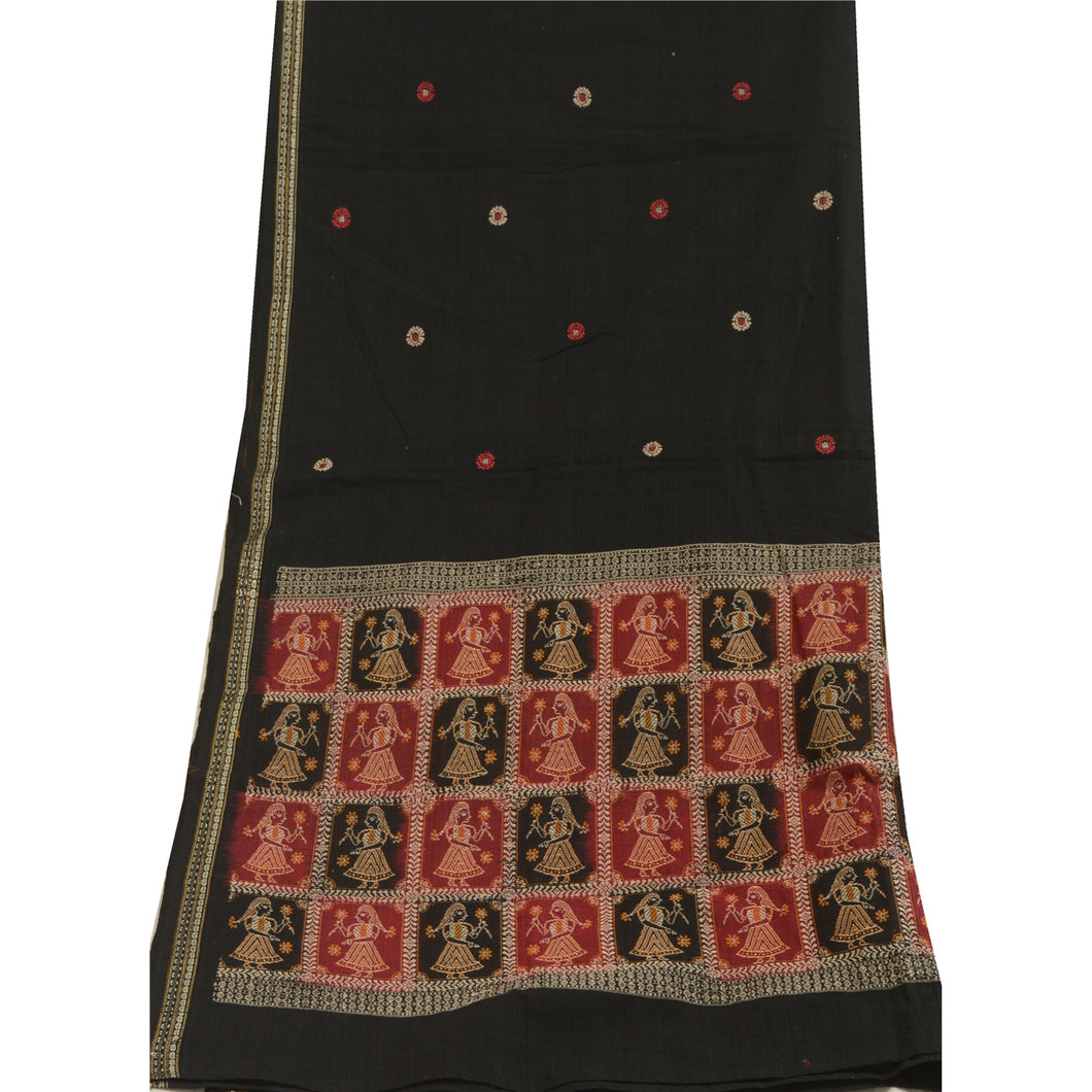 Sanskriti Vintage Black Blend Cotton Dupatta Long Stole Woven Baluchari Scarves