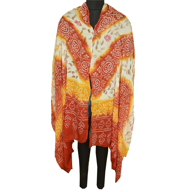 Sanskriti Vintage Multicolor Long Dupatta Stole Pure Silk Bandhani Work Gujrat India Upcycled Remnant Fabric, Neck Shawl Used Head Stole