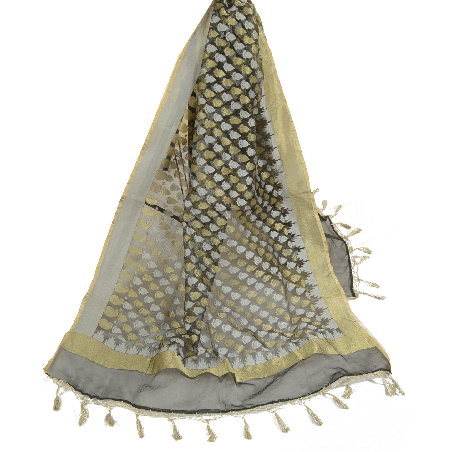 Sanskriti Vintage Black Long Dupatta Stole Net Mesh Veil Woven Wrap Scarves