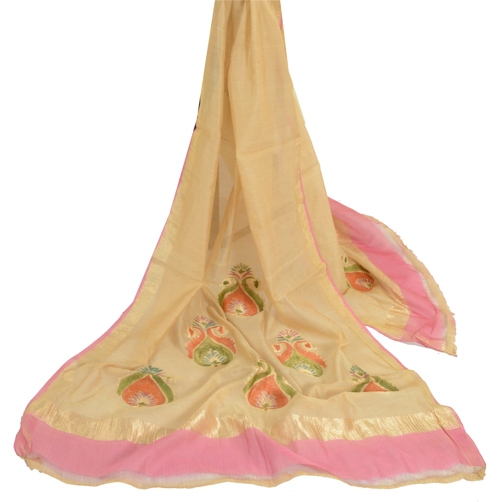 Sanskriti Vintage Cream/Pink Long Dupatta/Stole Pure Chanderi Silk Woven Zari