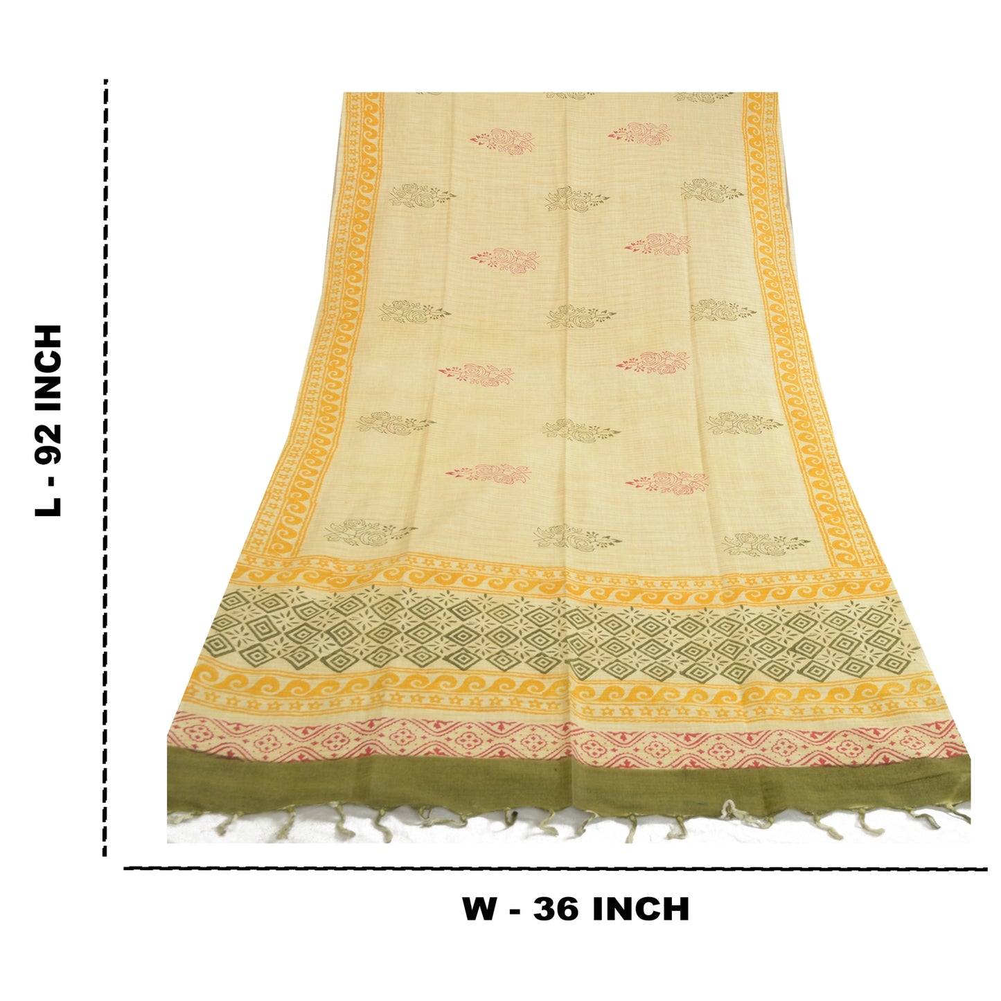 Длинная шаль-дупатта в стиле санскритского винтажа из чистого хлопка цвета слоновой кости с ручным принтом