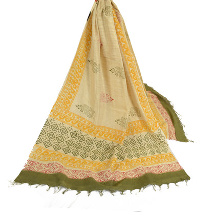 Длинная шаль-дупатта в стиле санскритского винтажа из чистого хлопка цвета слоновой кости с ручным принтом