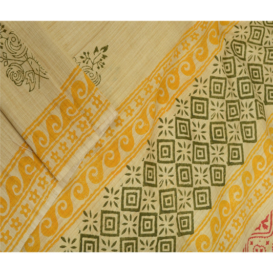 Sanskriti Vintage Long Dupatta Pure Cotton Ivory Hand-Block Printed Shawl For Crafting, Upcycling, or Even Wearing Craft Supplies