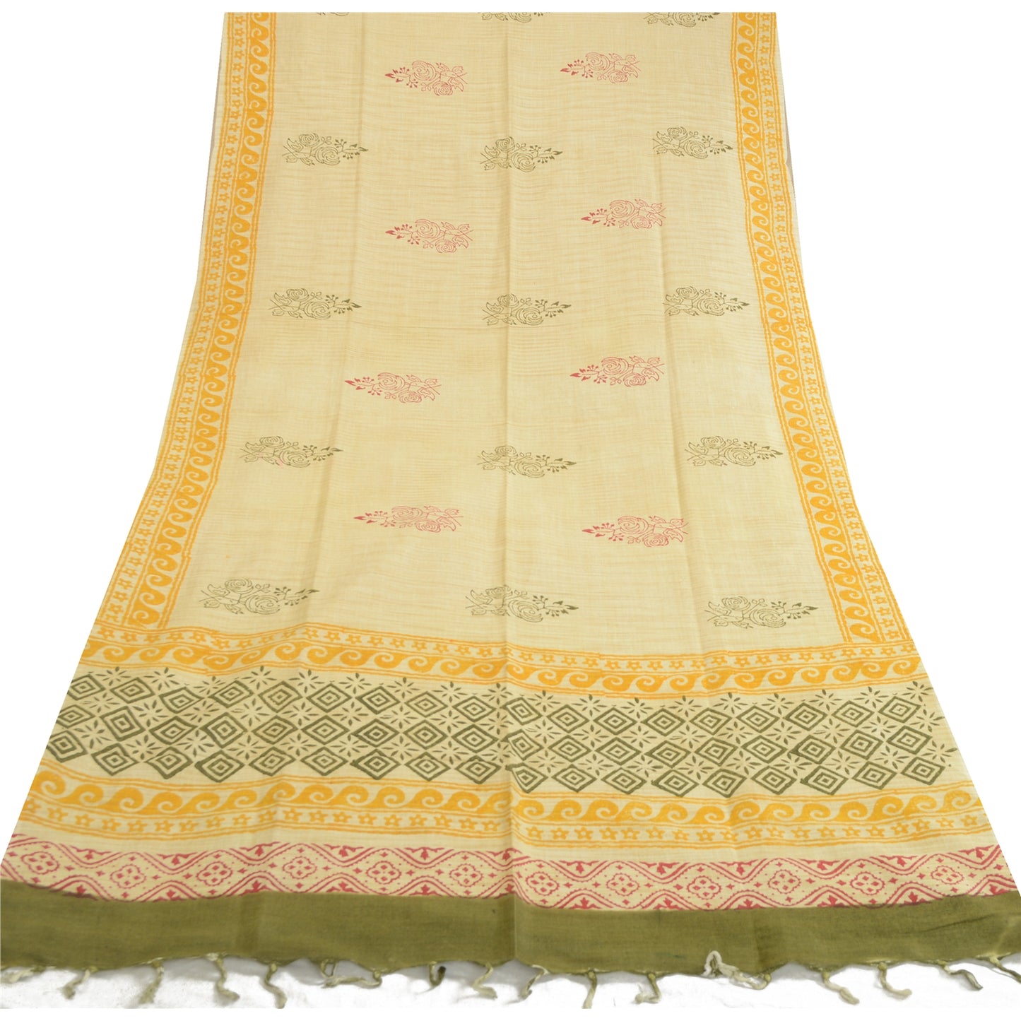 Длинная шаль-дупатта в стиле санскритского винтажа из чистого хлопка цвета слоновой кости с ручным принтом