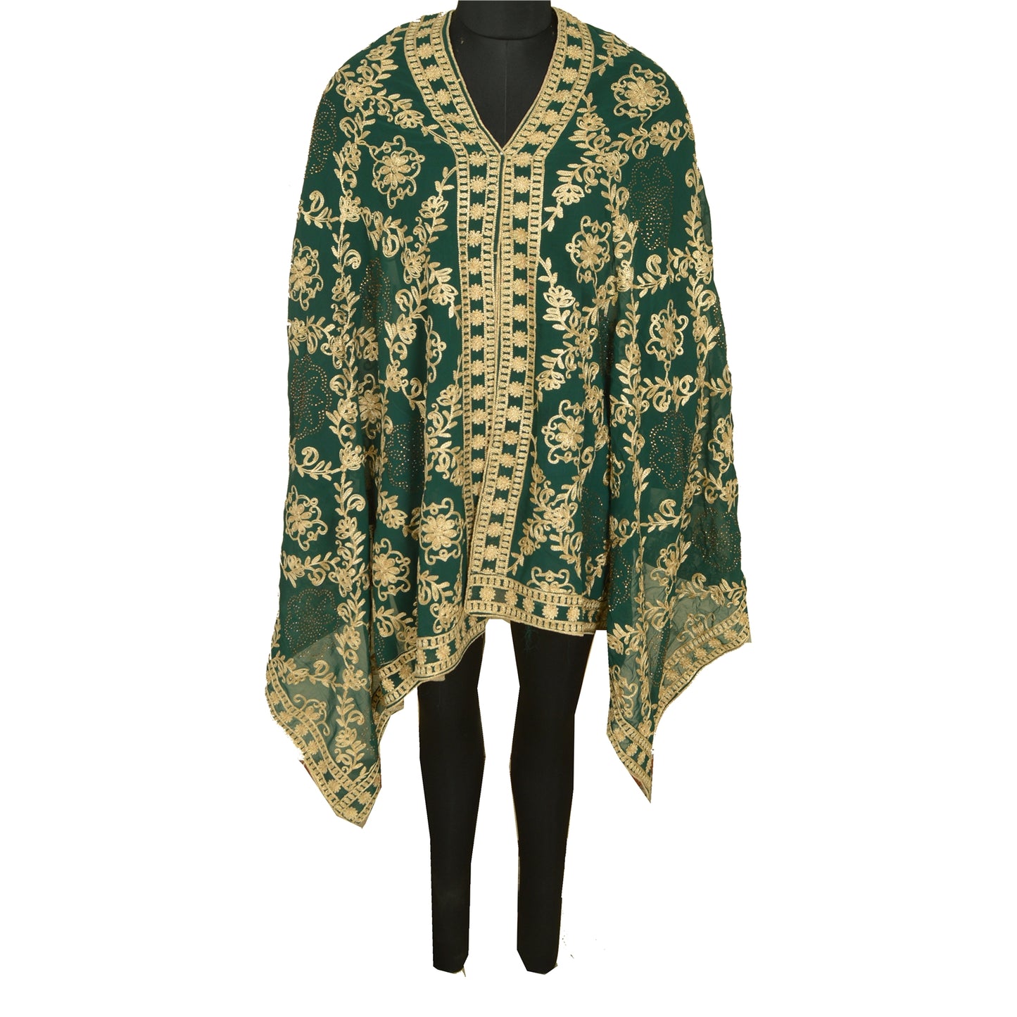 Sanskriti Vintage Long Green Dupatta/Stole Georgette Hand Embroidered Ari Work