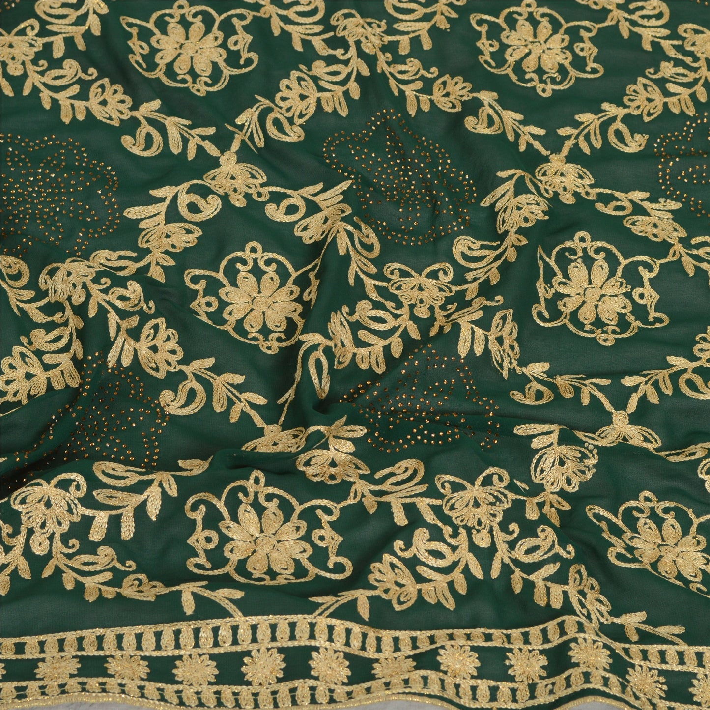 Sanskriti Vintage Long Green Dupatta/Stole Georgette Hand Embroidered Ari Work