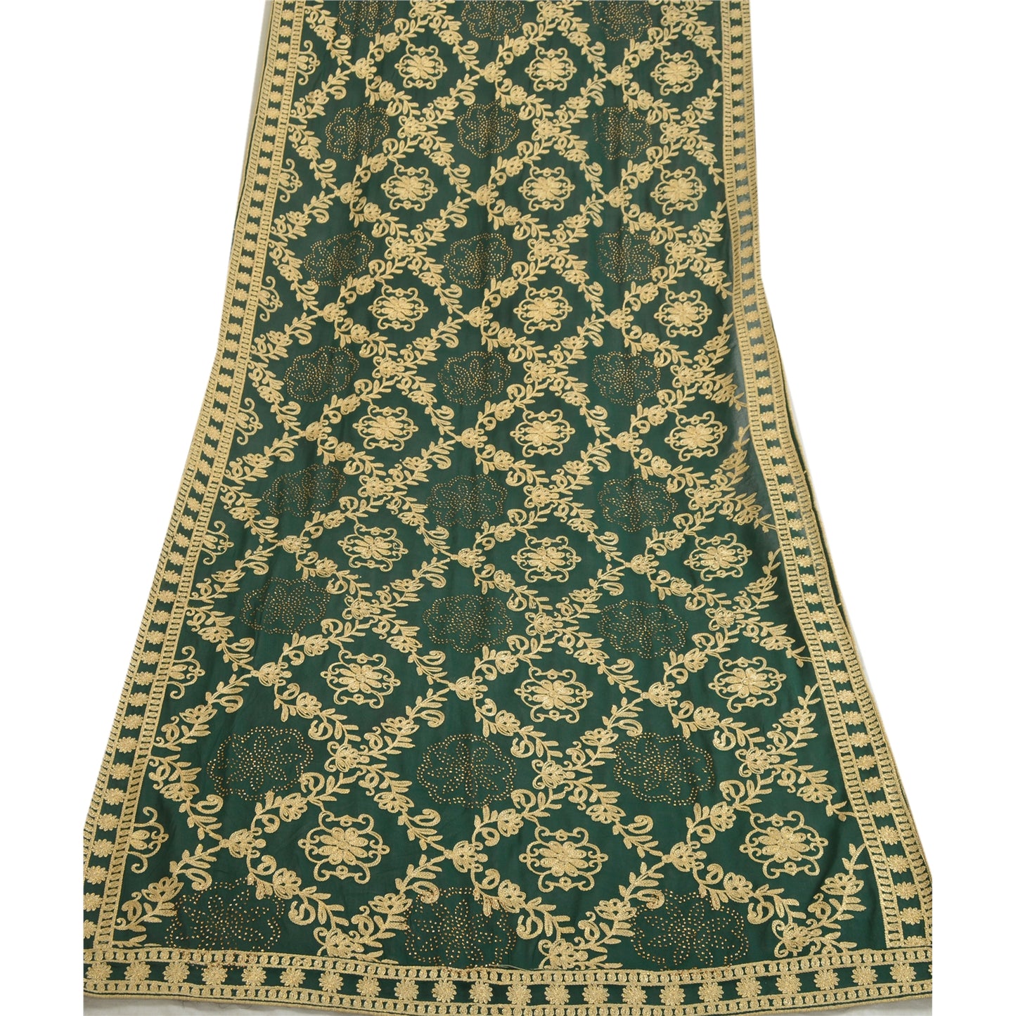 Sanskriti Vintage Long Green Dupatta/Stole Georgette Hand Embroidered Ari Work