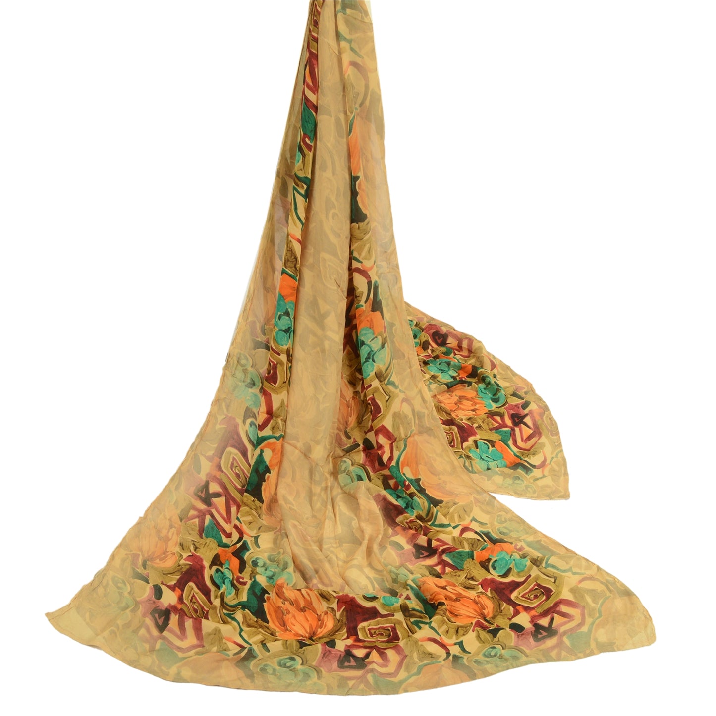 Sanskriti Vintage Long Cream Dupatta/Stole Blend Georgette Printed Wrap Hijab
