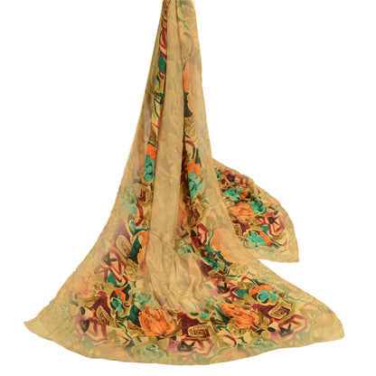 Sanskriti Vintage Long Cream Dupatta/Stole Blend Georgette Printed Wrap Hijab