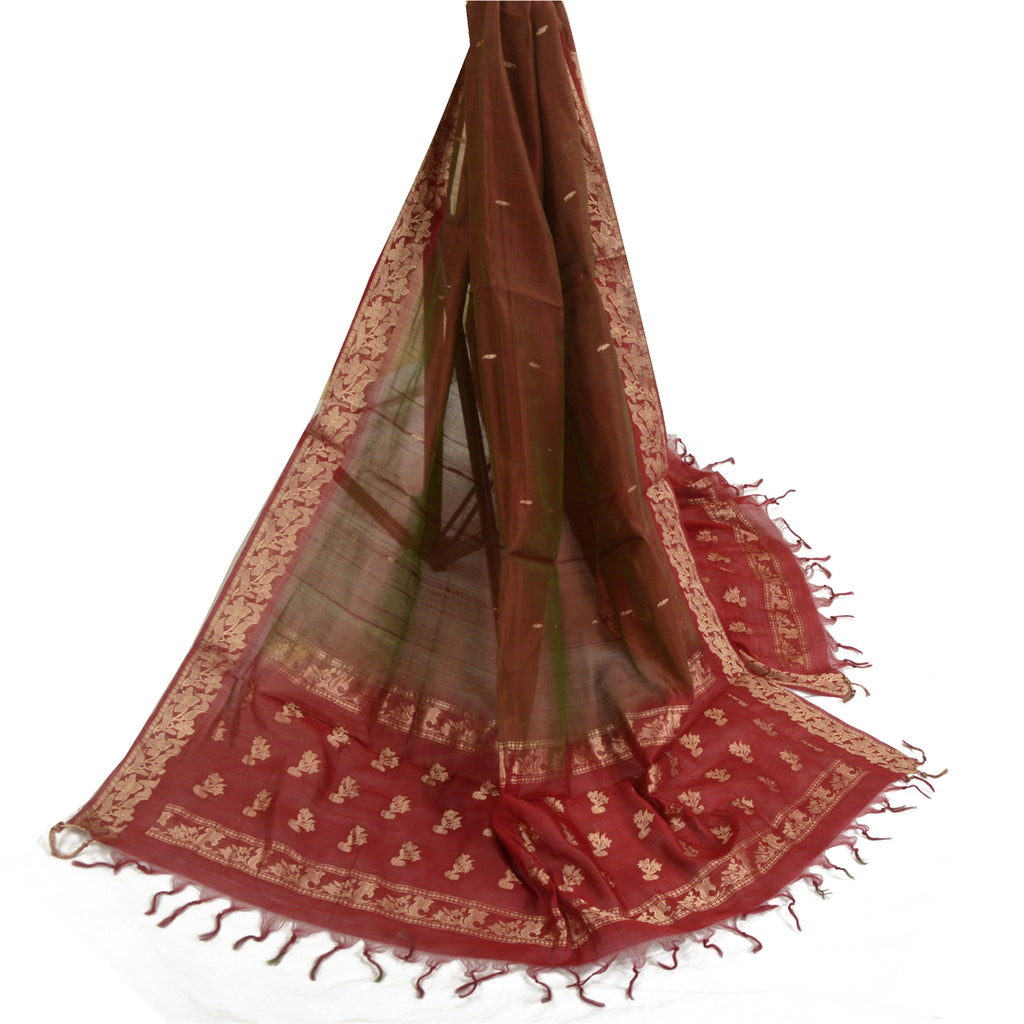 Sanskriti Vintage Brown/Red Long Dupatta/Stole Pure Silk Hijab Woven Scarves