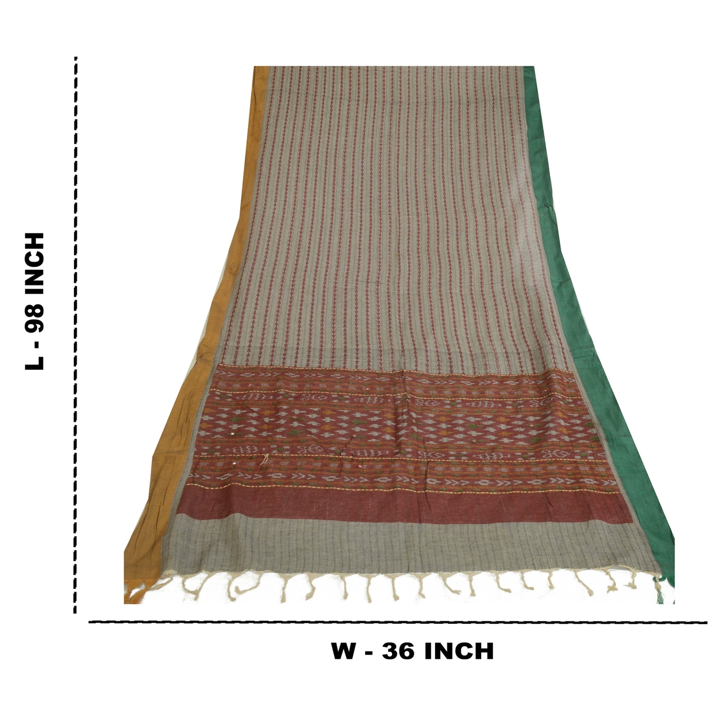 Sanskriti Vintage Grey/Dark Red Long Dupatta Stole Pure Cotton Woven Ikat Veil