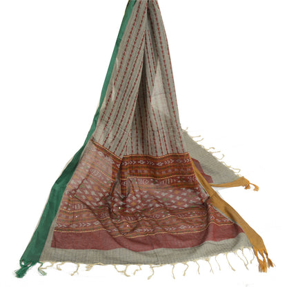 Sanskriti Vintage Grey/Dark Red Long Dupatta Stole Pure Cotton Woven Ikat Veil