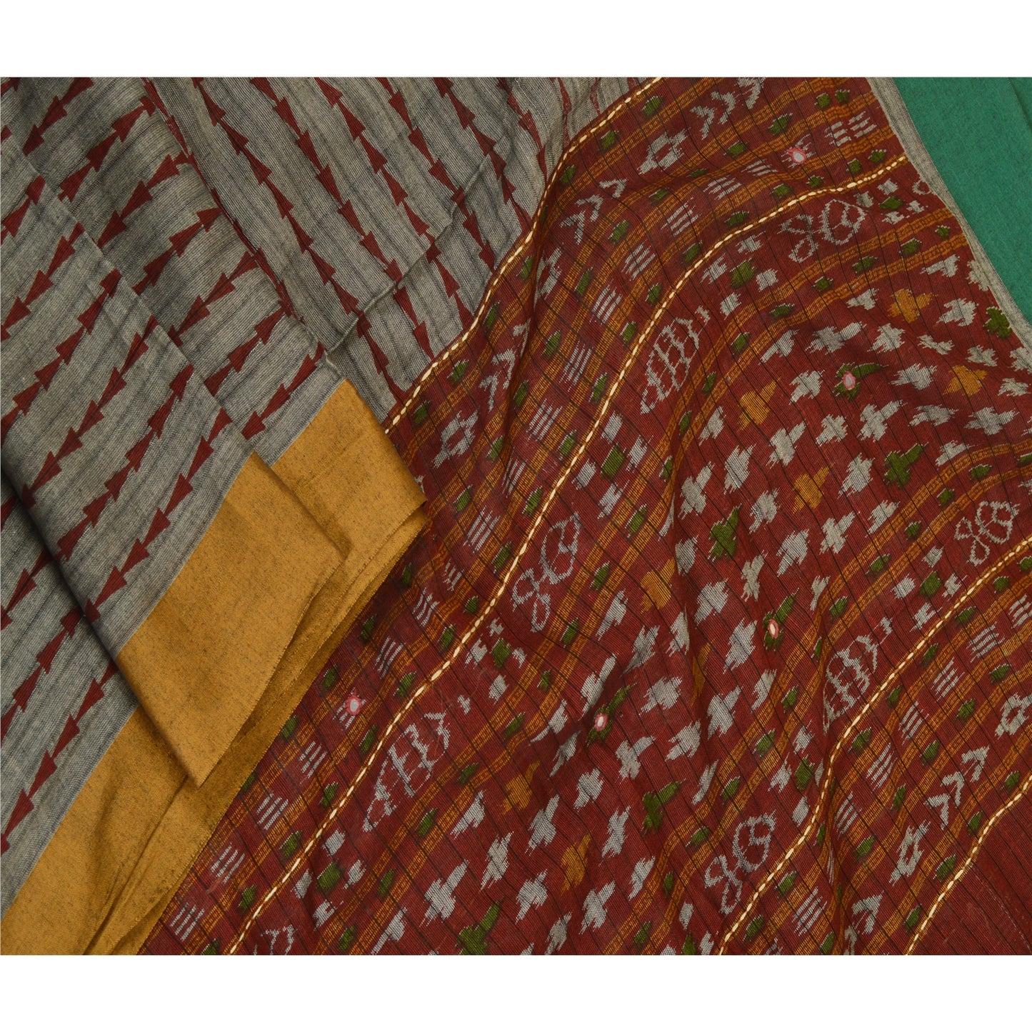 Sanskriti Vintage Grey/Dark Red Long Dupatta Stole Pure Cotton Woven Ikat Veil