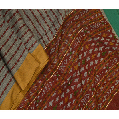 Sanskriti Vintage Grey/Dark Red Long Dupatta Stole Pure Cotton Woven Ikat Veil