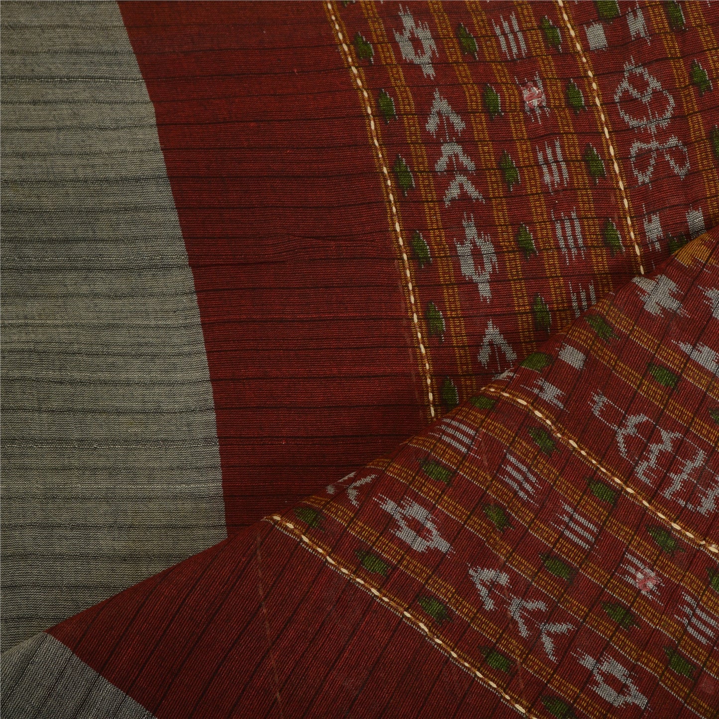 Sanskriti Vintage Grey/Dark Red Long Dupatta Stole Pure Cotton Woven Ikat Veil