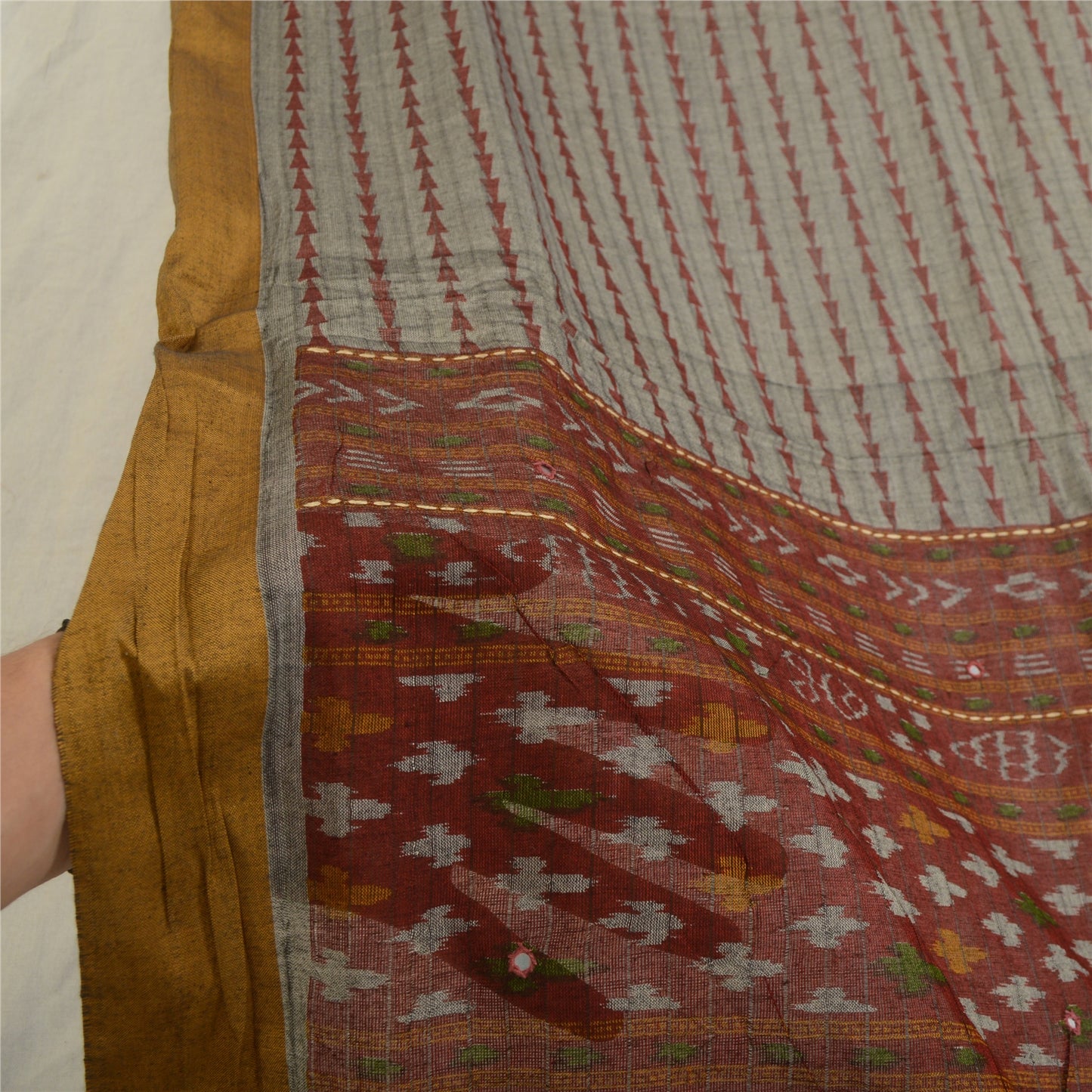 Sanskriti Vintage Grey/Dark Red Long Dupatta Stole Pure Cotton Woven Ikat Veil