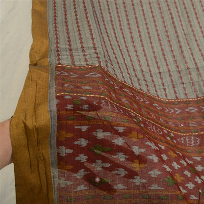 Sanskriti Vintage Grey/Dark Red Long Dupatta Stole Pure Cotton Woven Ikat Veil