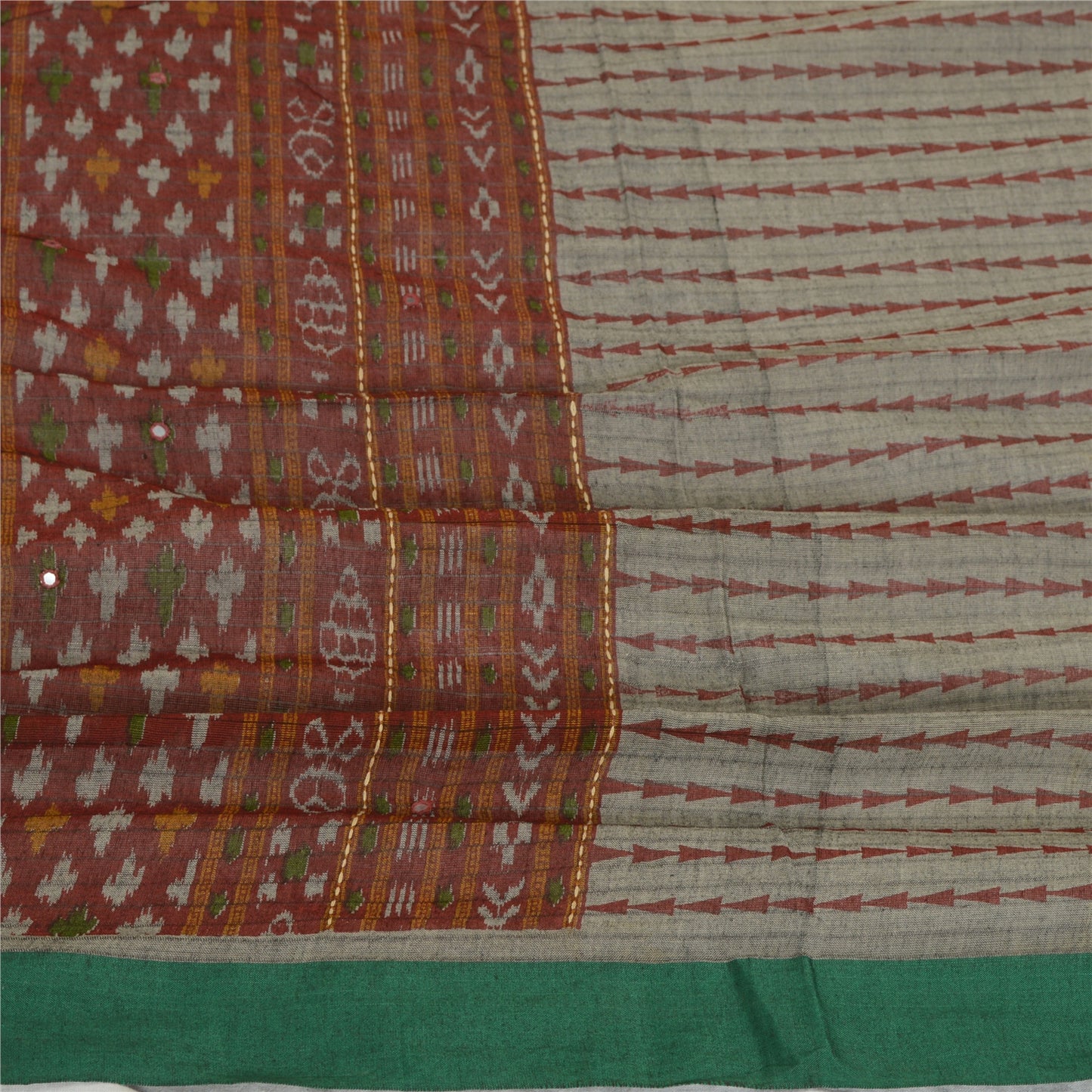 Sanskriti Vintage Grey/Dark Red Long Dupatta Stole Pure Cotton Woven Ikat Veil