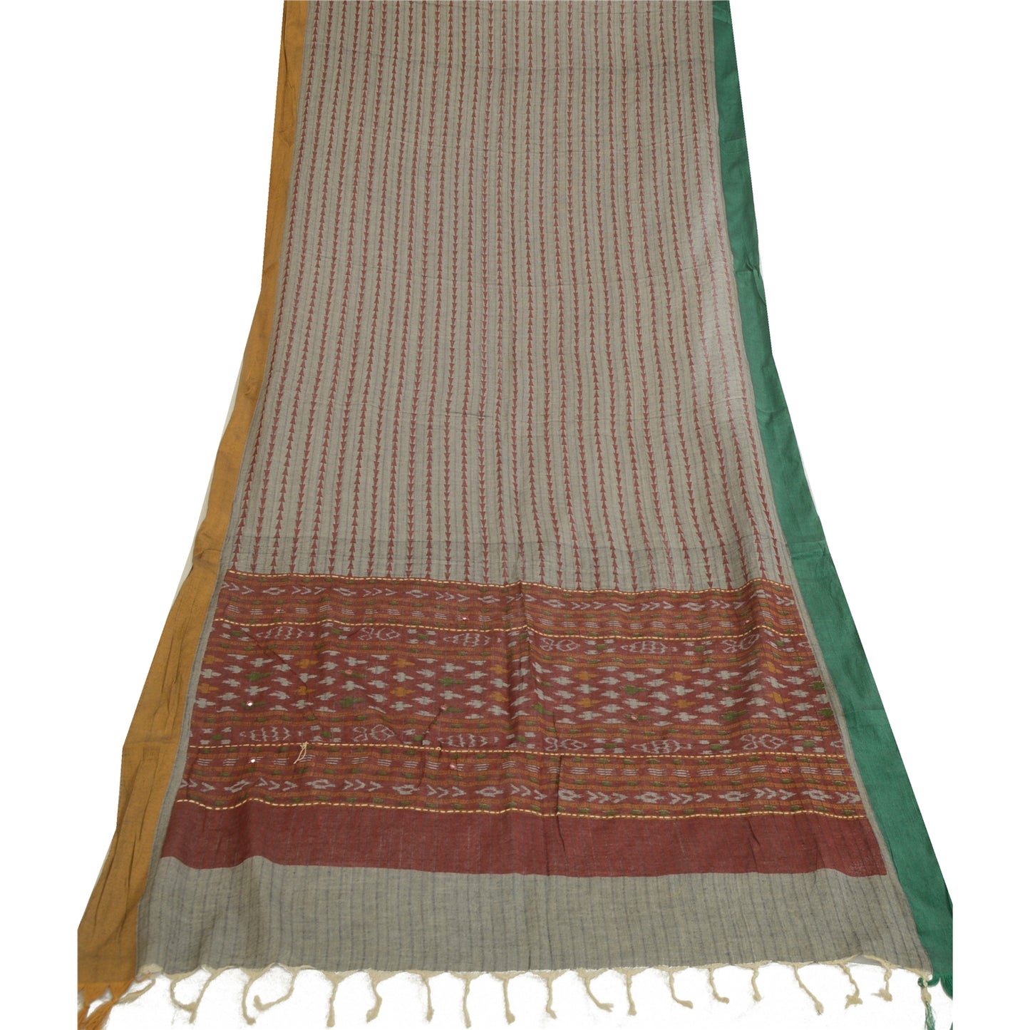 Sanskriti Vintage Grey/Dark Red Long Dupatta Stole Pure Cotton Woven Ikat Veil