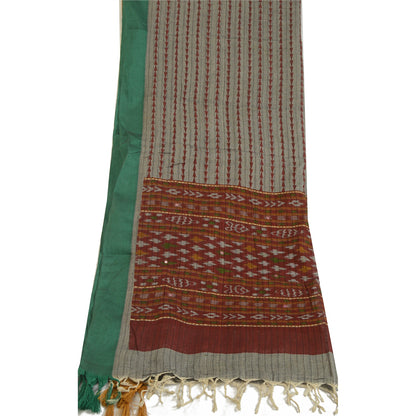 Sanskriti Vintage Grey/Dark Red Long Dupatta Stole Pure Cotton Woven Ikat Veil