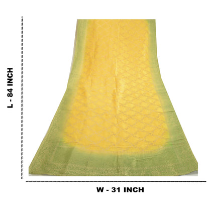 Sanskriti Vintage Dupatta Long Stole Chanderi Green/Yellow Woven Brocade Scarves