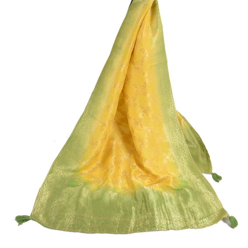 Sanskriti Vintage Dupatta Long Stole Chanderi Green/Yellow Hand Woven Brocade