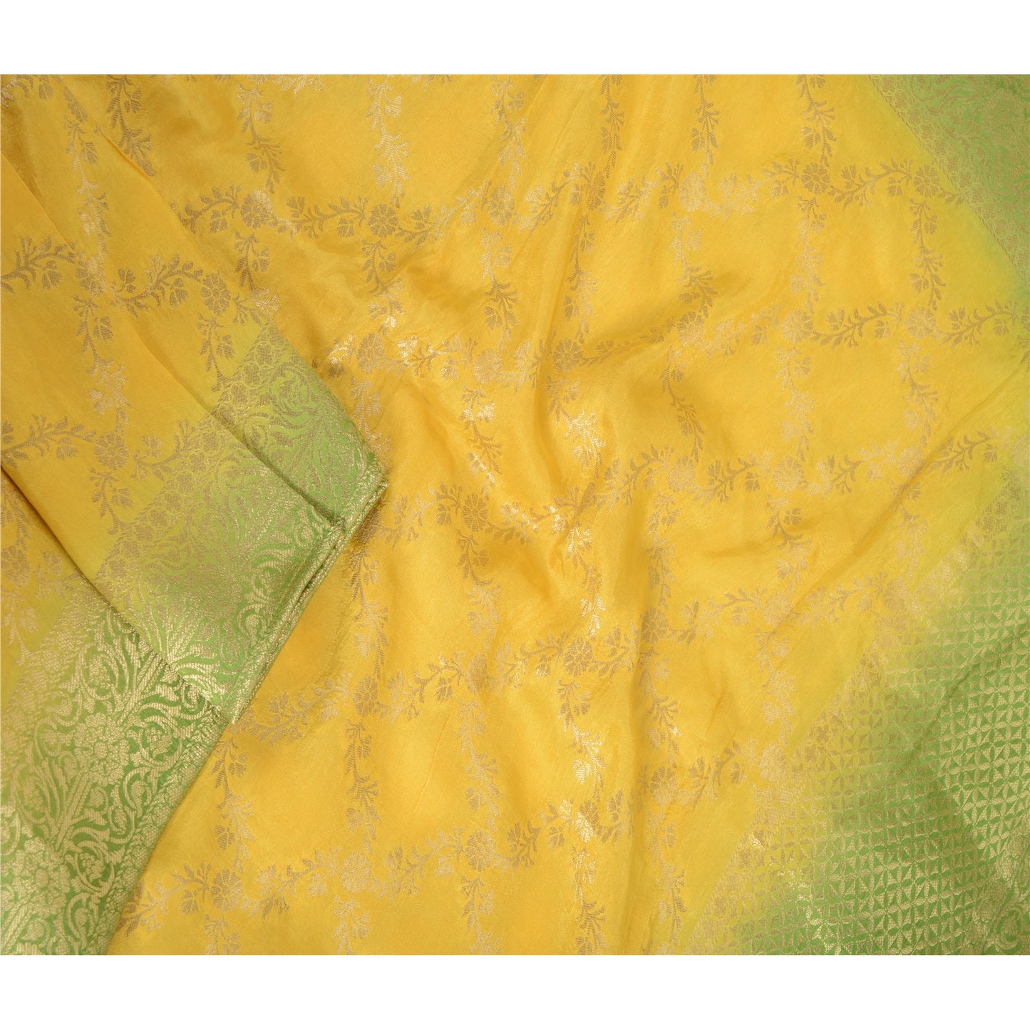 Sanskriti Vintage Dupatta Long Stole Chanderi Green/Yellow Woven Brocade Scarves