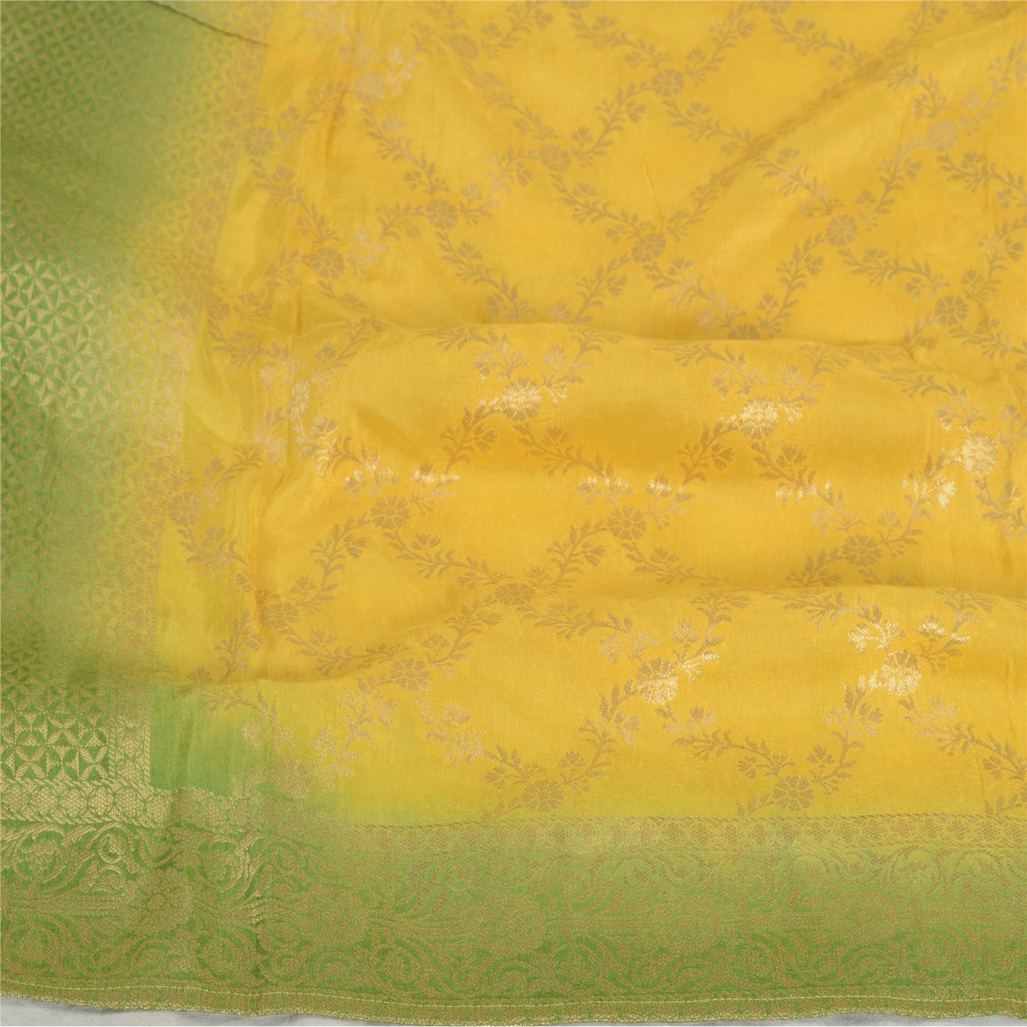 Sanskriti Vintage Dupatta Long Stole Chanderi Green/Yellow Woven Brocade Scarves