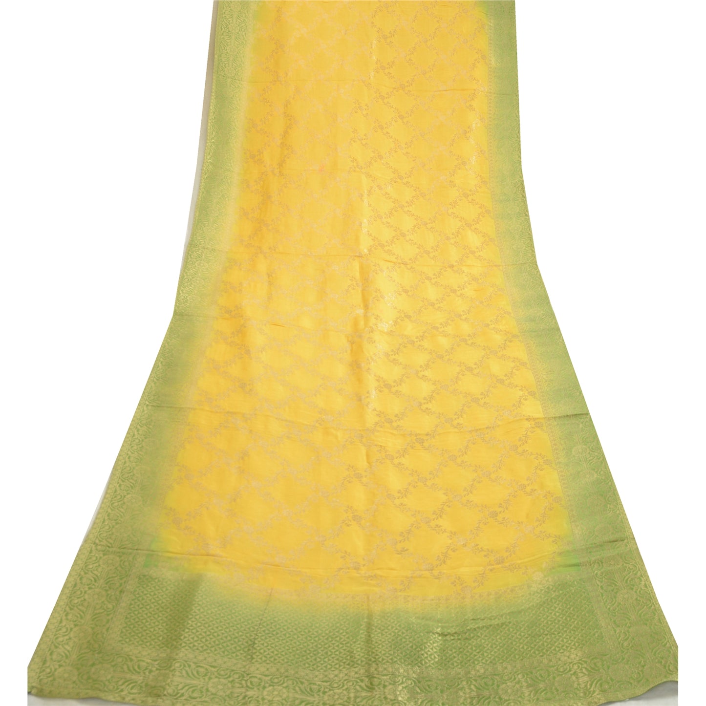 Sanskriti Vintage Dupatta Long Stole Chanderi Green/Yellow Woven Brocade Scarves