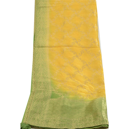 Sanskriti Vintage Dupatta Long Stole Chanderi Green/Yellow Woven Brocade Scarves