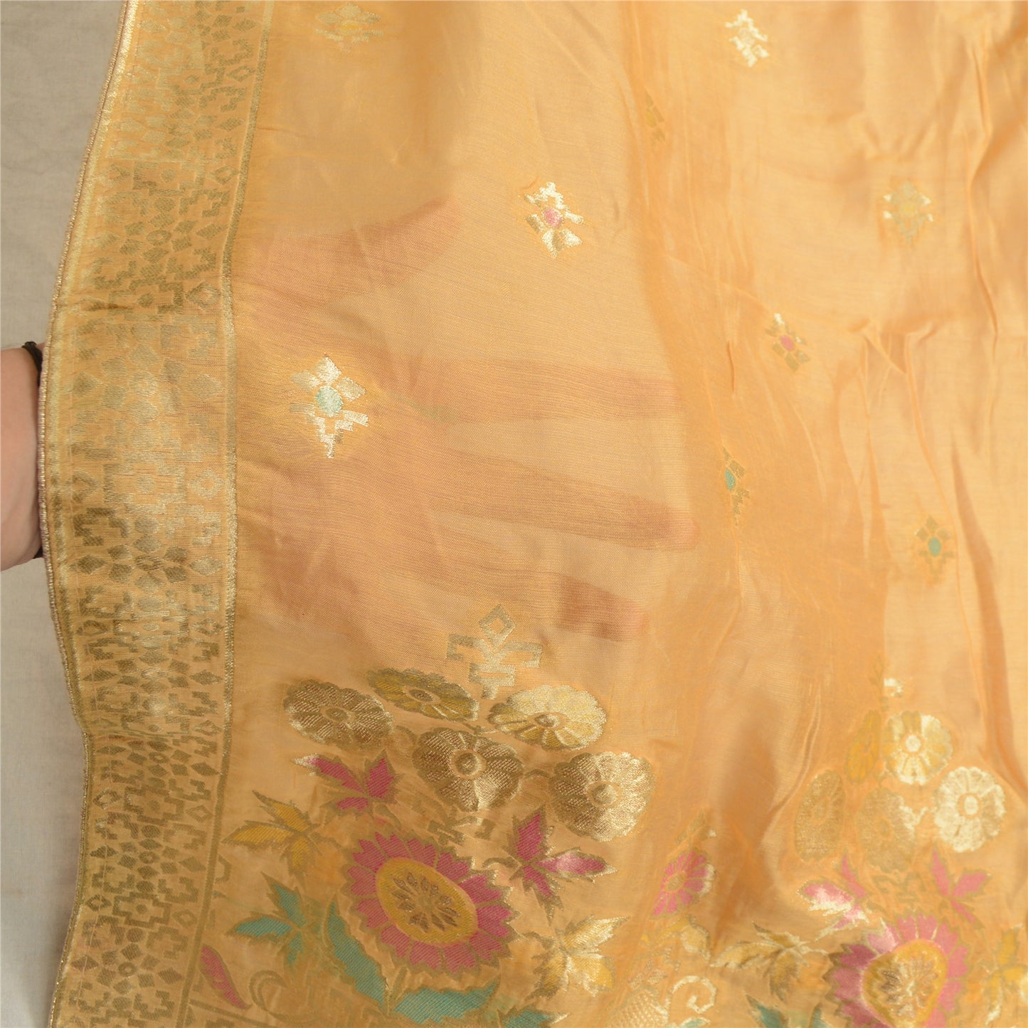 Sanskriti Vintage Long Dupatta Stole Chanderi Peach Woven Brocade tørklæder