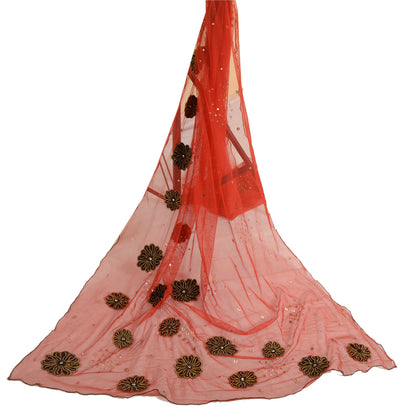 Sanskriti Vintage Red Long Dupatta Stole Net Mesh Veil Hand Beaded Scarves