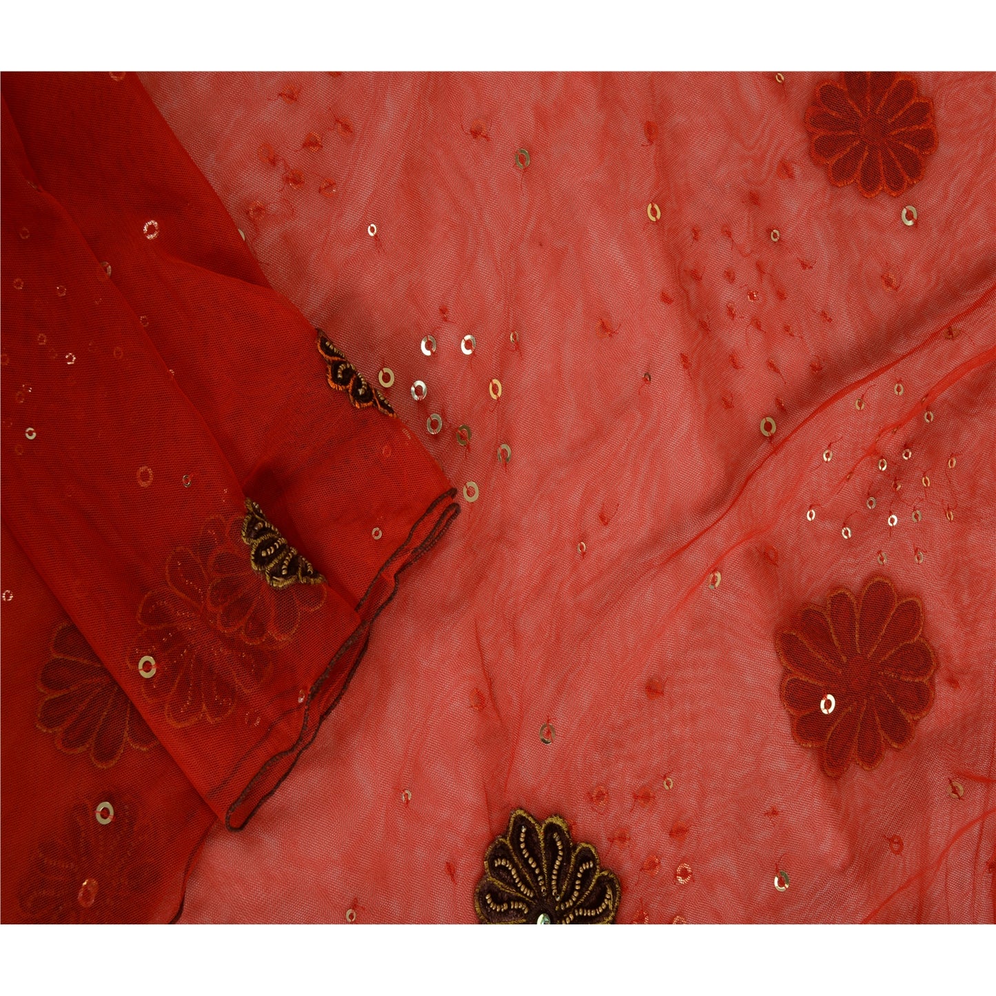 Sanskriti Vintage Red Long Dupatta Stole Net Mesh Veil Hand Beaded Scarves