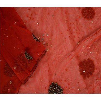 Sanskriti Vintage Red Long Dupatta Stole Net Mesh Veil Hand Beaded Scarves