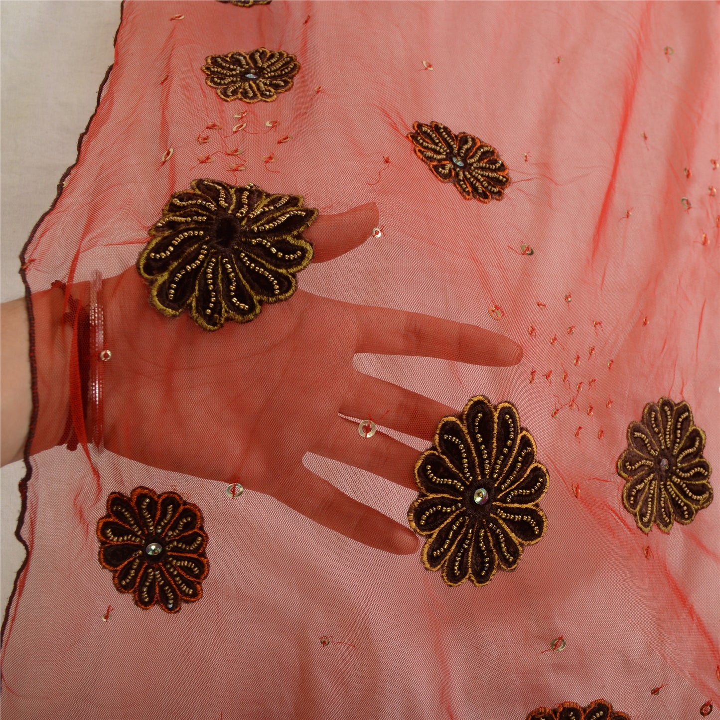 Sanskriti Vintage Red Long Dupatta Stole Net Mesh Veil Hand Beaded Scarves