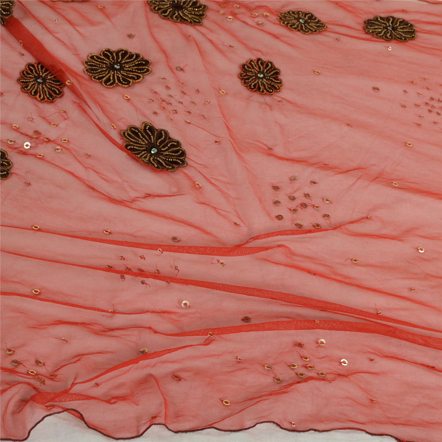 Sanskriti Vintage Red Long Dupatta Stole Net Mesh Veil Hand Beaded Scarves