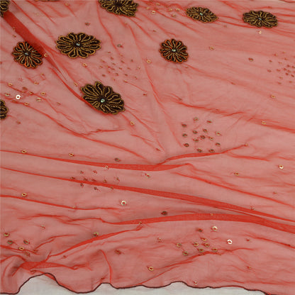 Sanskriti Vintage Red Long Dupatta Stole Net Mesh Veil Hand Beaded Scarves