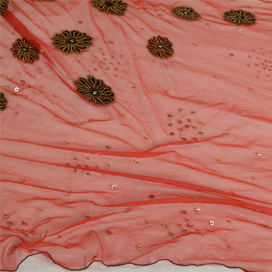 Sanskriti Vintage Red Long Dupatta Stole Net Mesh Veil Hand Beaded Scarves