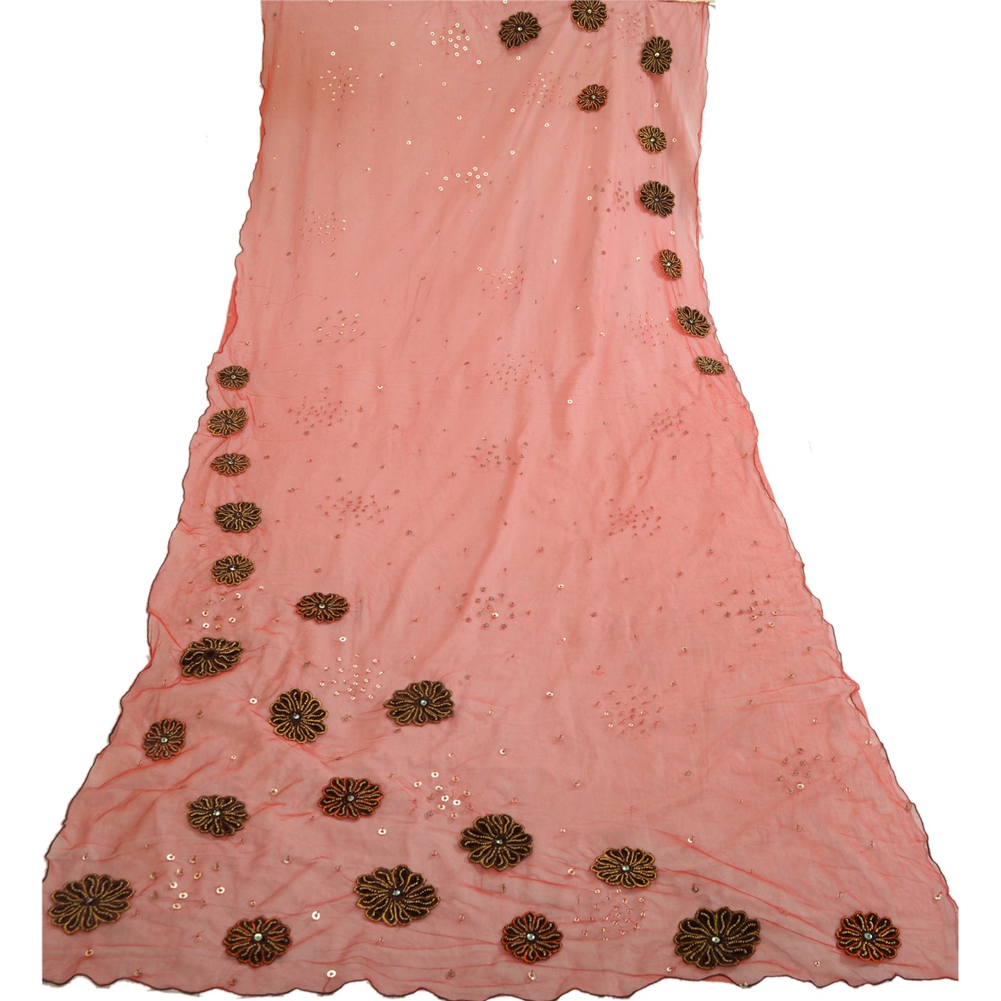 Sanskriti Vintage Red Long Dupatta Stole Net Mesh Veil Hand Beaded Scarves