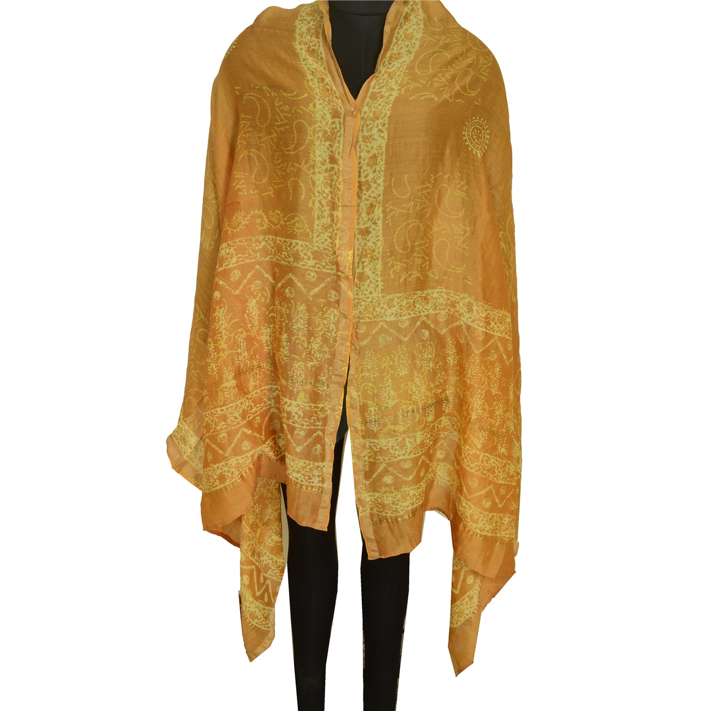 Sanskriti Vintage Safran Lang Dupatta Stole 100% Ren Silke Batik Arbejdstørklæder