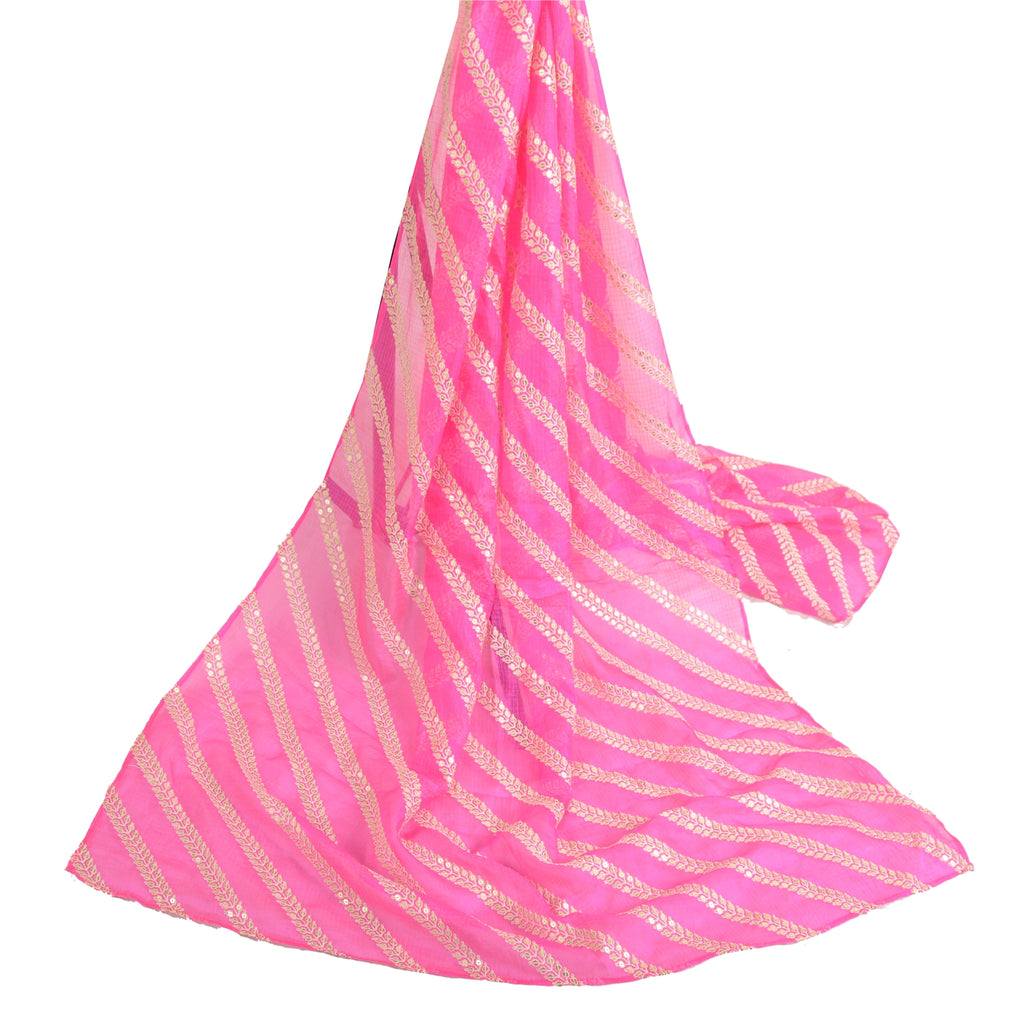 Sanskriti Vintage Dupatta Long Stole Pure Silk Hot Pink Embroidered Kota Doria