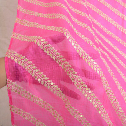 Санскрити Винтаж Дупатта Длинный Палантин Чистый Шелк Ярко-Розовый Вышитый Кота Дориа