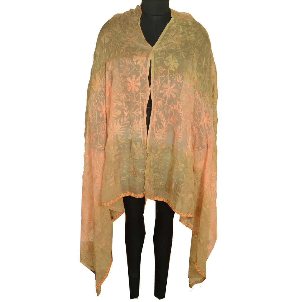 Sanskriti Vintage Dupatta Long Stole Blend Georgette Peach/Green Handmade Kantha